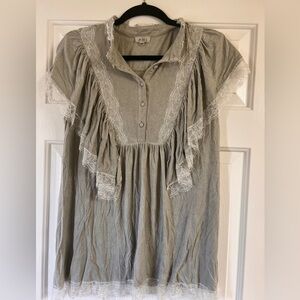 POL Gray Button-Up Dress with Lace Accents